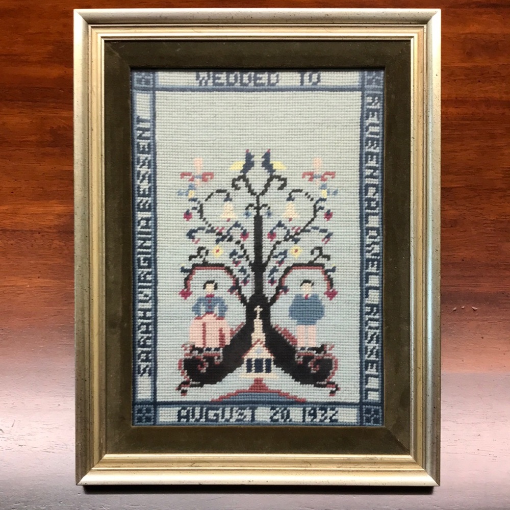 Antique Estate Wedding Sampler Needlepoint 1932 Framed